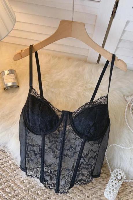 Elegant Lace Overlay Black Bustier Top With Cups