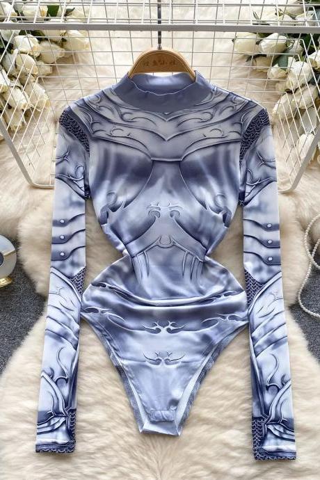 Womens High Neck Printed Armor Bodysuit Swimsuit Cosplay