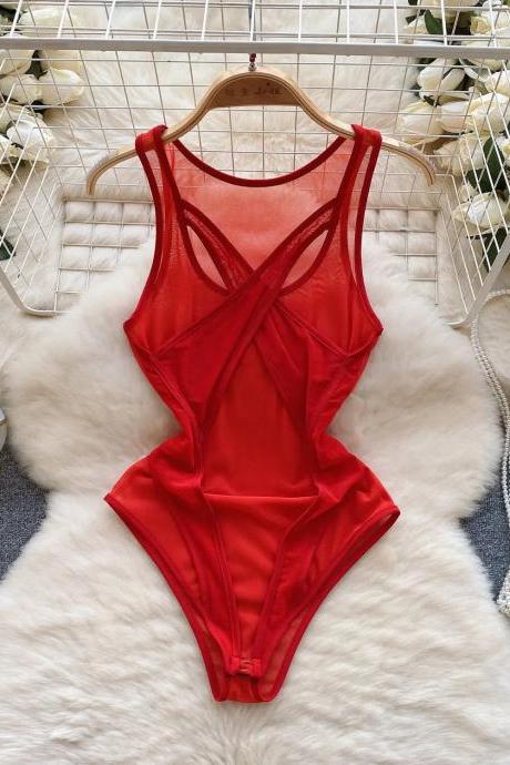 Elegant Red Sheer Panel Cross-front One-piece Swimsuit