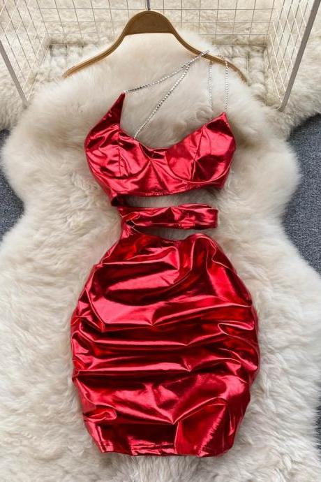 Elegant Satin Red Cocktail Dress With Chain Straps