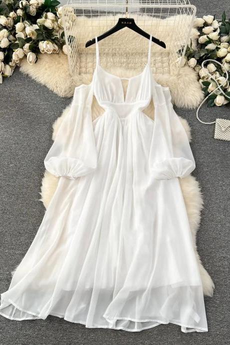 Elegant White Chiffon Midi Dress With Sheer Sleeves