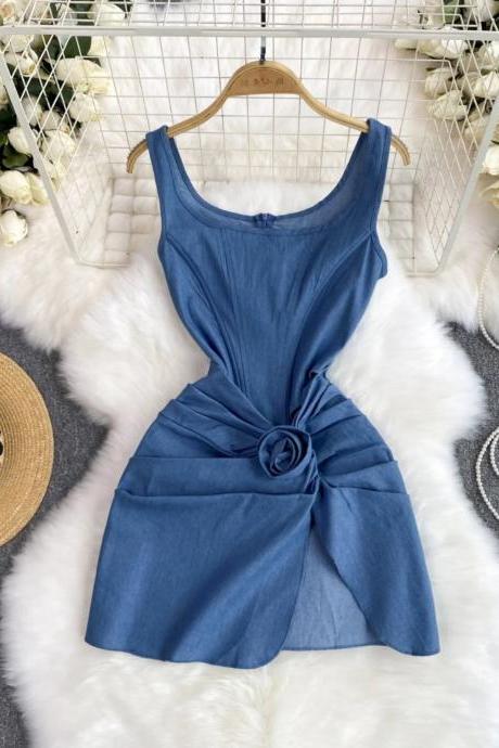 Womens Elegant Blue Sleeveless Dress With Front Knot