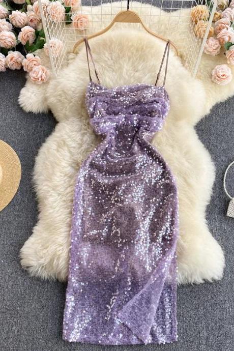 Womens Sparkling Sequin Cocktail Party Dress Spaghetti Strap