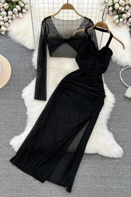 Elegant Black Sheer Sleeve Evening Gown With Split