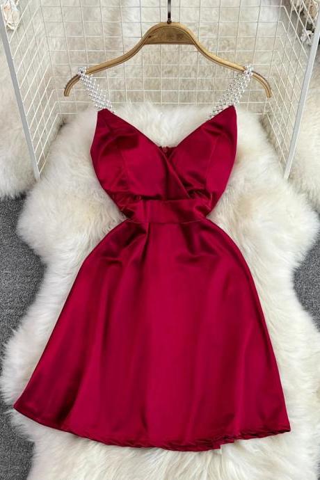 Elegant Wine Red Satin Cocktail Dress With Bow End
