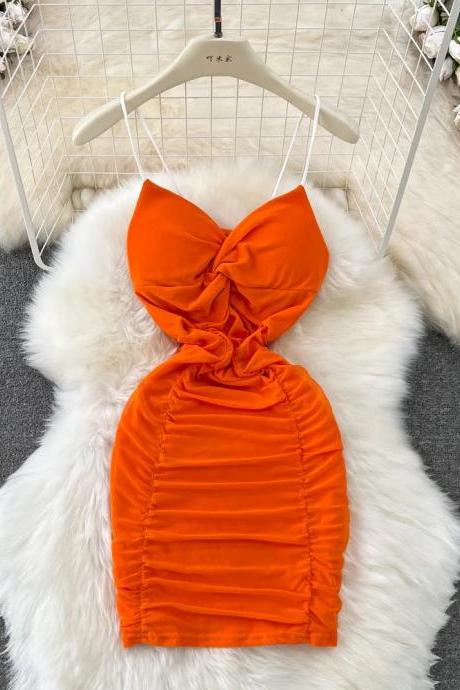 Womens Orange Bow Accent Pleated Satin Top