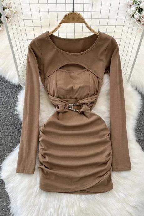 Elegant Long Sleeve Brown Cut-out Mini Dress With Belt
