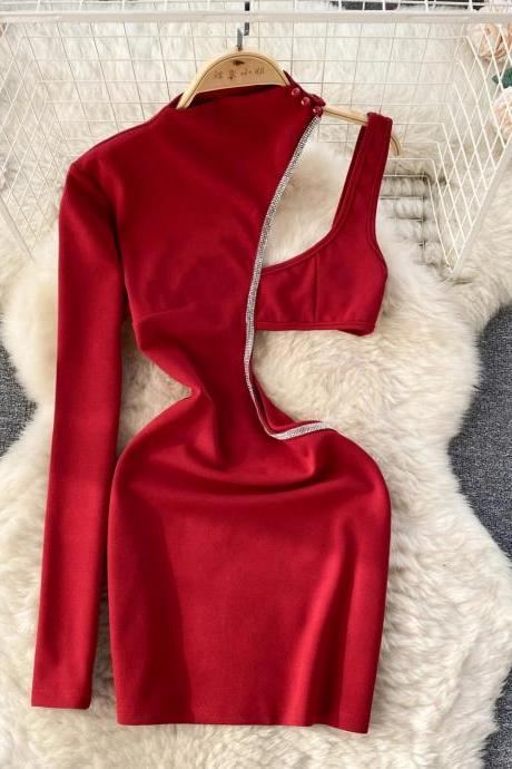 Elegant One-shoulder Red Satin Blouse With Zipper