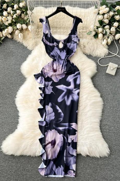Elegant Floral Print Sleeveless Ruffle Trim Maxi Dress