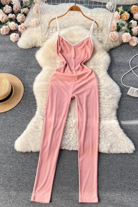 Chic Pink Sleeveless Spaghetti Strap Jumpsuit For Women