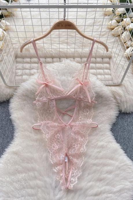 Womens Delicate Pink Lace Bodysuit Lingerie With Bows