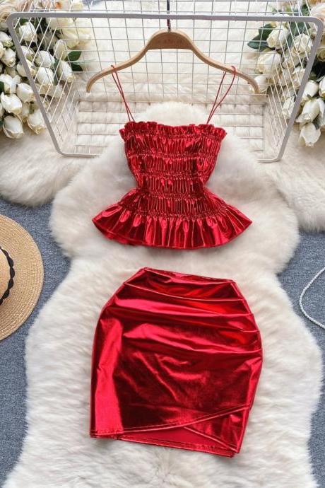 Womens Ruched Red Satin Crop Top And Skirt Set