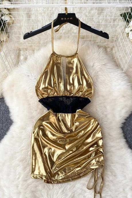 Elegant Gold Halter Neck Velvet Trim Cocktail Dress