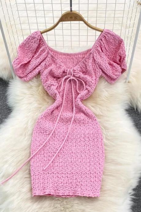Womens Pink Puff Sleeve Textured Knit Mini Dress