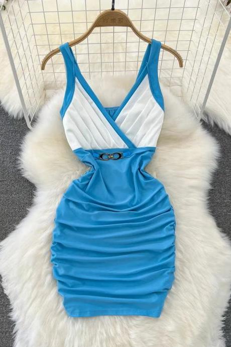 Elegant Blue And White V-neck Bodycon Cocktail Dress