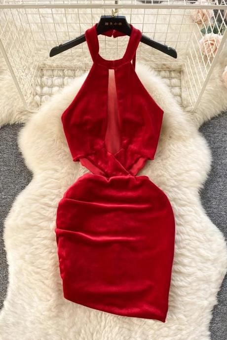 Elegant Red Velvet Halter Neck Cocktail Dress
