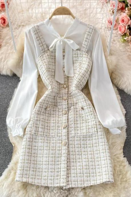 Elegant Tweed Pinafore Dress With White Bow Blouse