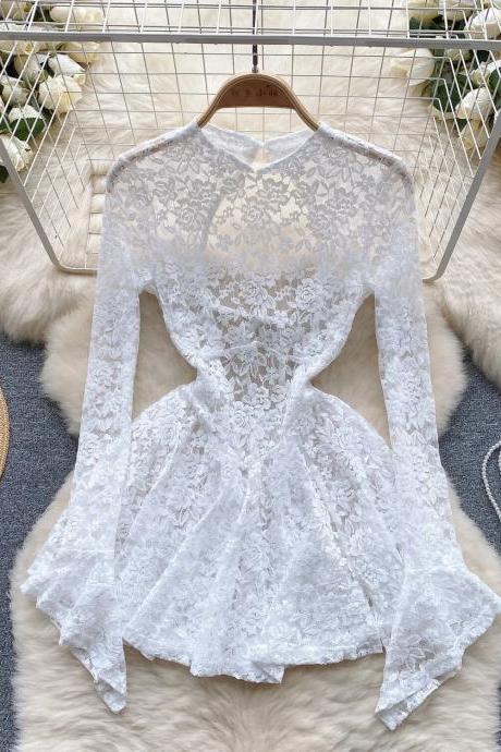 Elegant Long Sleeve Lace Cocktail Mini Dress White