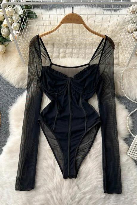 Womens Sheer Sleeve Ruched Bodysuit Black Elegant Fashion