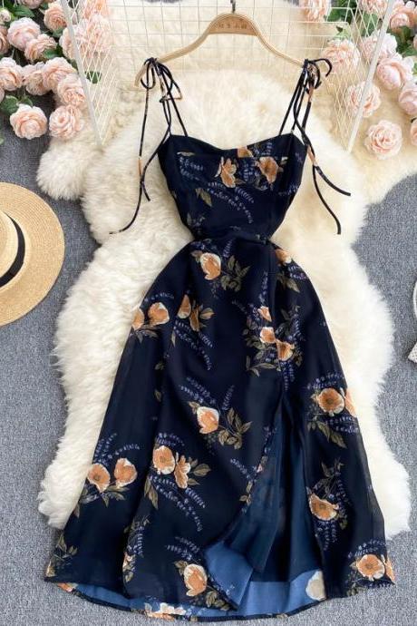 Navy Floral Print Summer Dress With Tie Straps