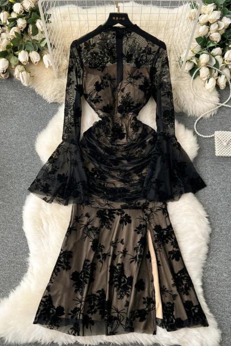 Elegant Long Sleeve Floral Lace Black Evening Dress