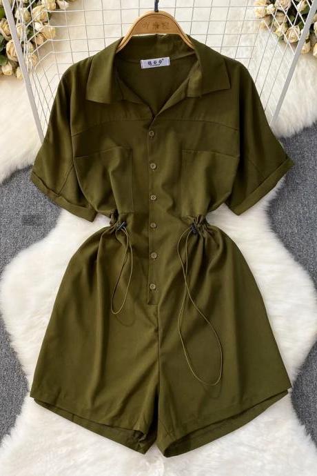Casual Olive Green Button-up Romper With Drawstring Waist