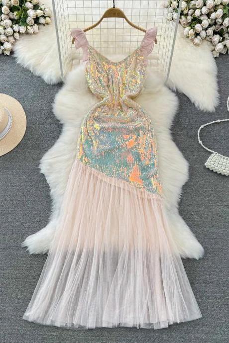 Elegant Sequin Bodice Tulle Skirt Cocktail Dress Pink