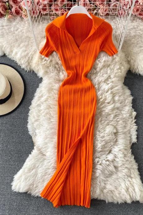 Elegant Orange Pleated Midi Dress With Notched Collar