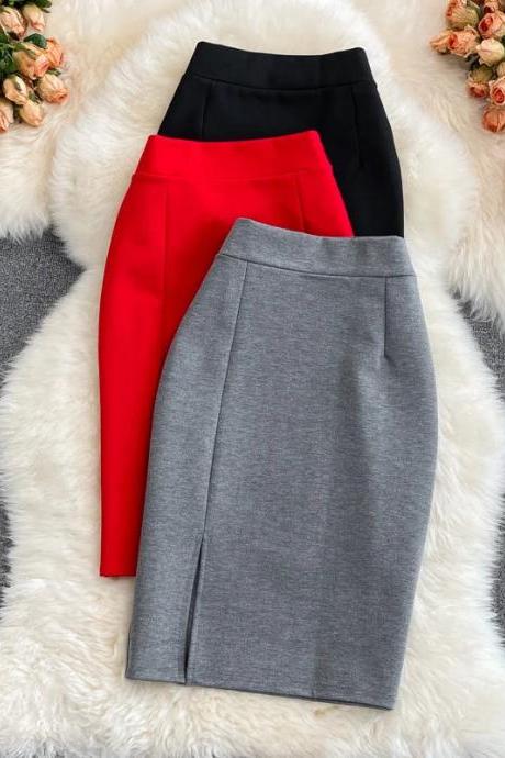 Elegant High-waist Pencil Skirts In Black, Red, Grey