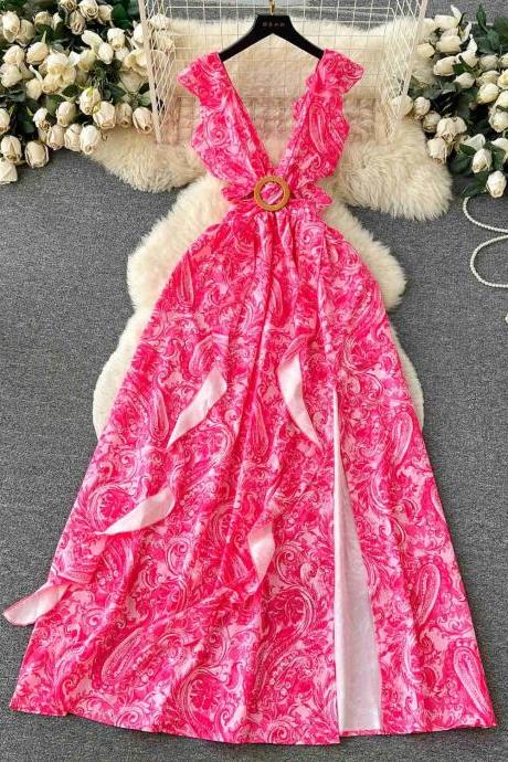 Elegant Pink Paisley Print Sleeveless Maxi Dress