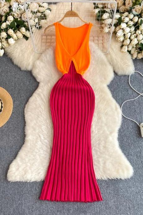 Womens Sleeveless Halterneck Pleated Maxi Dress Orange