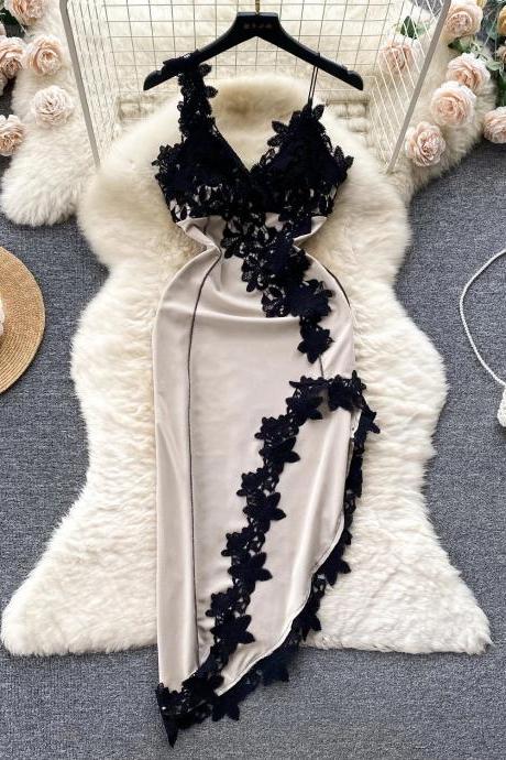 Elegant Satin Slip Dress With Black Lace Detailing