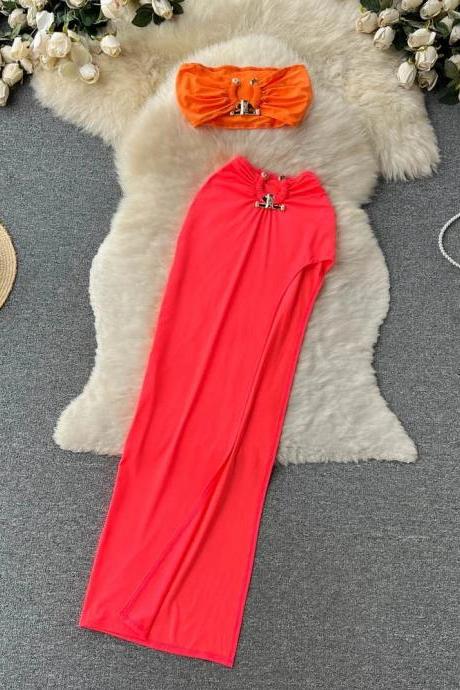 Elegant Coral Strapless Maxi Dress With Matching Clutch
