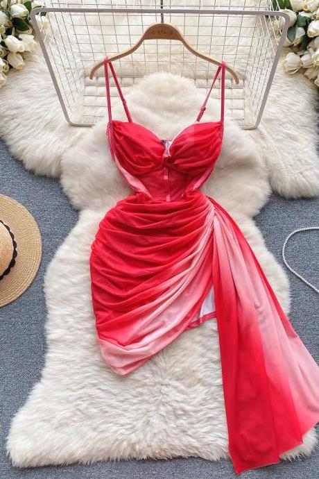 Elegant Red Satin Evening Dress With Asymmetrical Hem