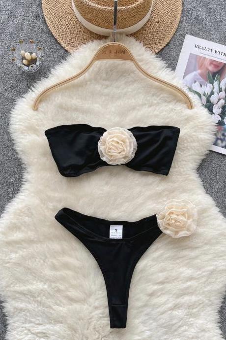 Elegant Black Bandeau Bikini Set With Floral Accents