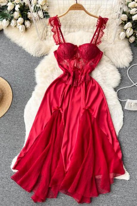 Elegant Red Lace Satin Midi Cocktail Dress With Straps