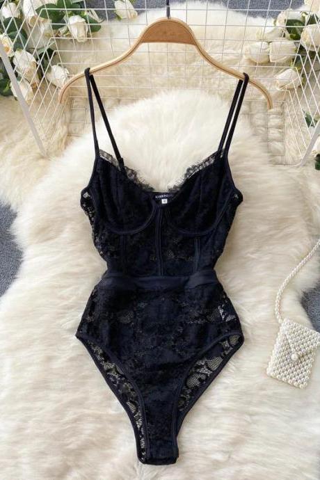 Elegant Black Lace Bodysuit With Sheer Panels