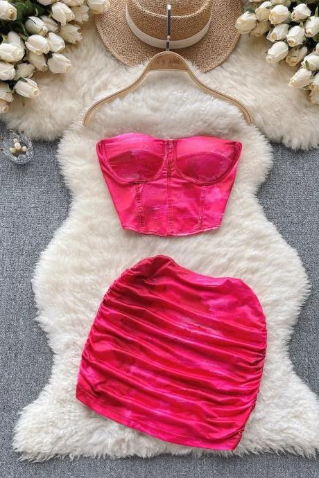 Pink Strapless Satin Crop Top And Skirt Set