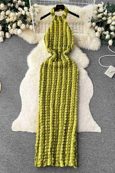 Womens Olive Green Knit Halter Neck Long Dress