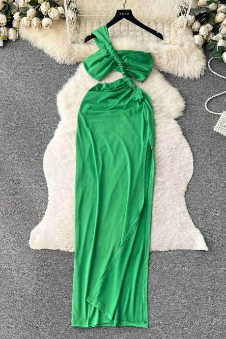 Elegant Green Satin Halter Neck Maxi Dress