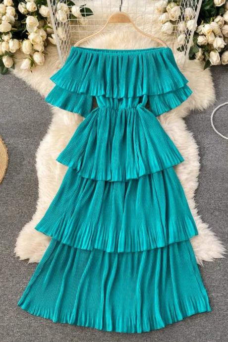 Womens Off-shoulder Tiered Pleated Summer Dress Teal