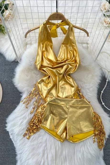Womens Metallic Gold Halter Top With Sequin Fringe Shorts