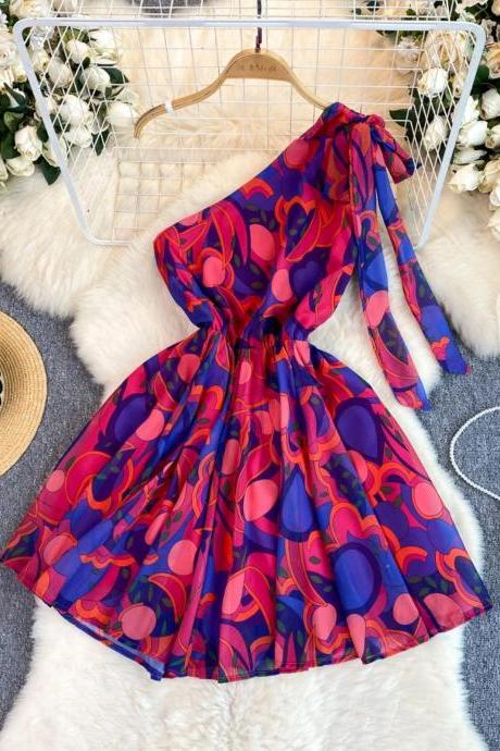 One-shoulder Colorful Abstract Print Summer Dress