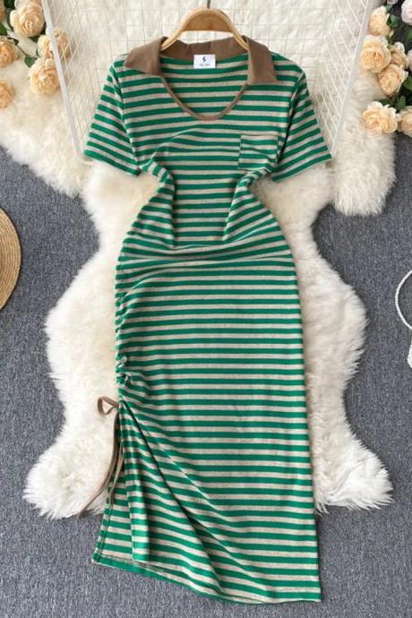 Casual Green Striped Dress With Contrast Collar