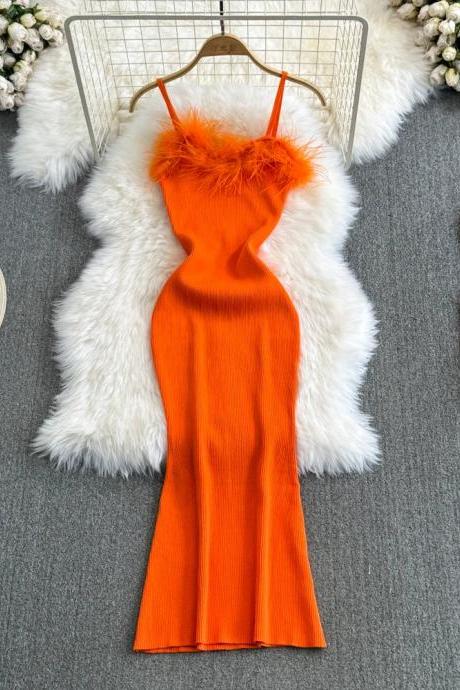 Elegant Orange Feather Trim Bodycon Evening Dress
