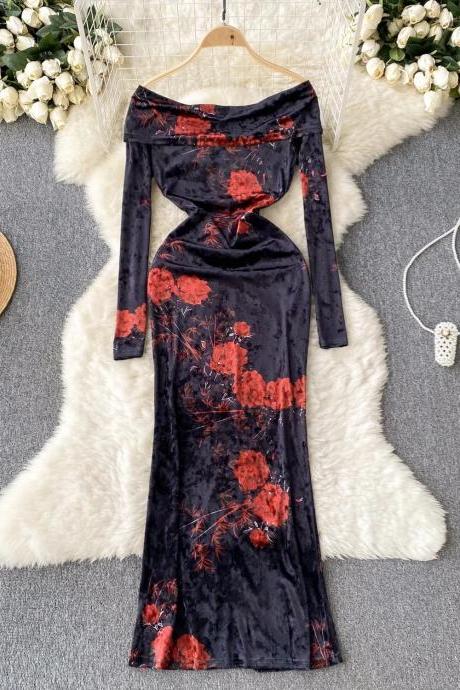 Elegant Velvet Off-shoulder Floral Maxi Evening Dress