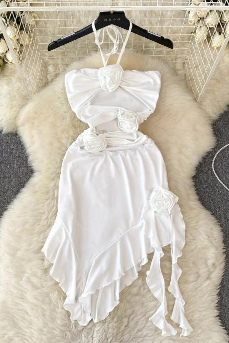Elegant White Ruffle Sleeveless Asymmetrical Summer Dress