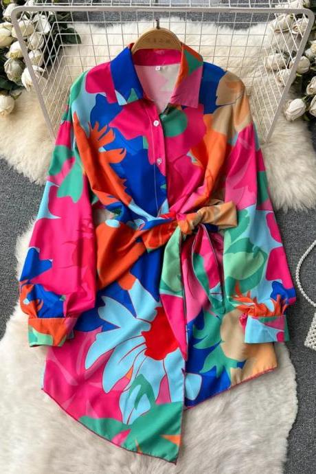 Womens Colorful Floral Print Satin Shirt Dress With Belt