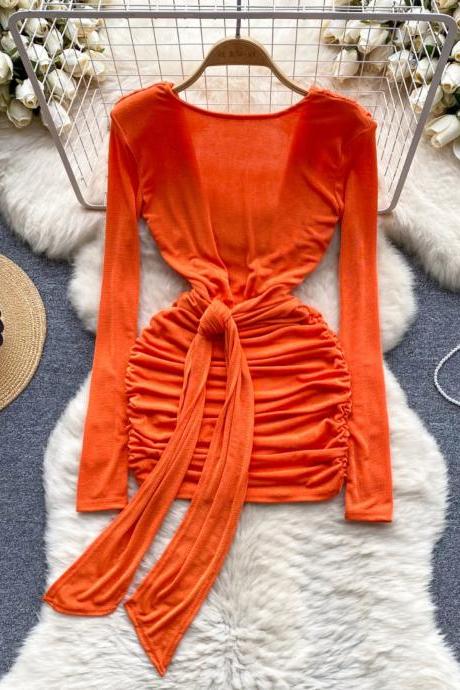 Elegant Orange Long Sleeve Ruched Tie-back Dress