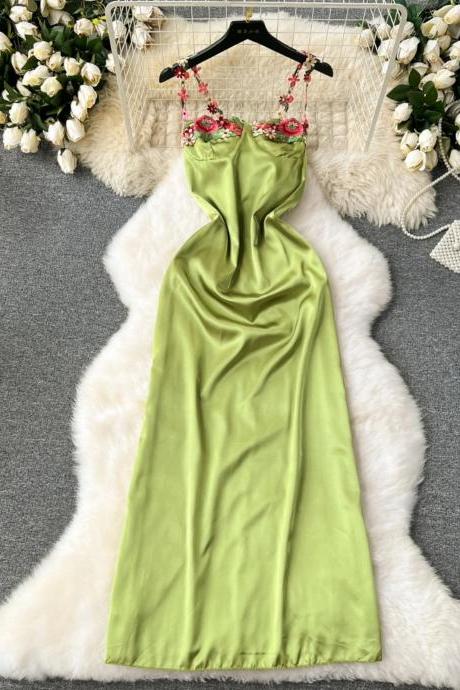 Elegant Green Satin Gown With Floral Embroidered Straps